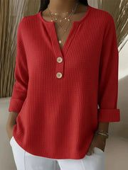 FLASH SALE – Waffle Knit Button V-Neck Top | Free Delivery