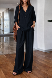 FLASH SALE - Effortless V-Neck Blouse & Wide Leg Pants Set | Free Delivery