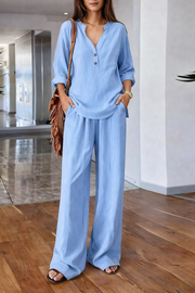 FLASH SALE - Effortless V-Neck Blouse & Wide Leg Pants Set | Free Delivery